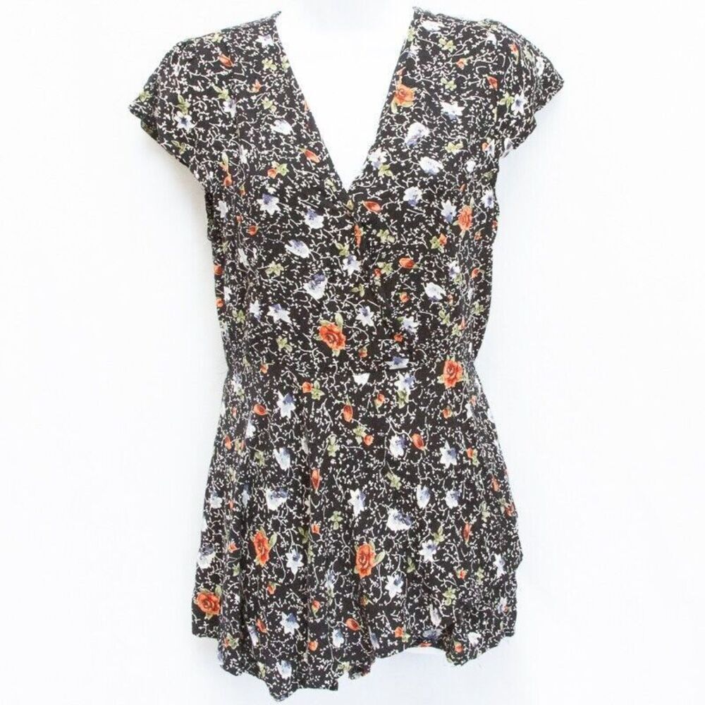 Angie Black Floral Romper with Orange and White Accents
